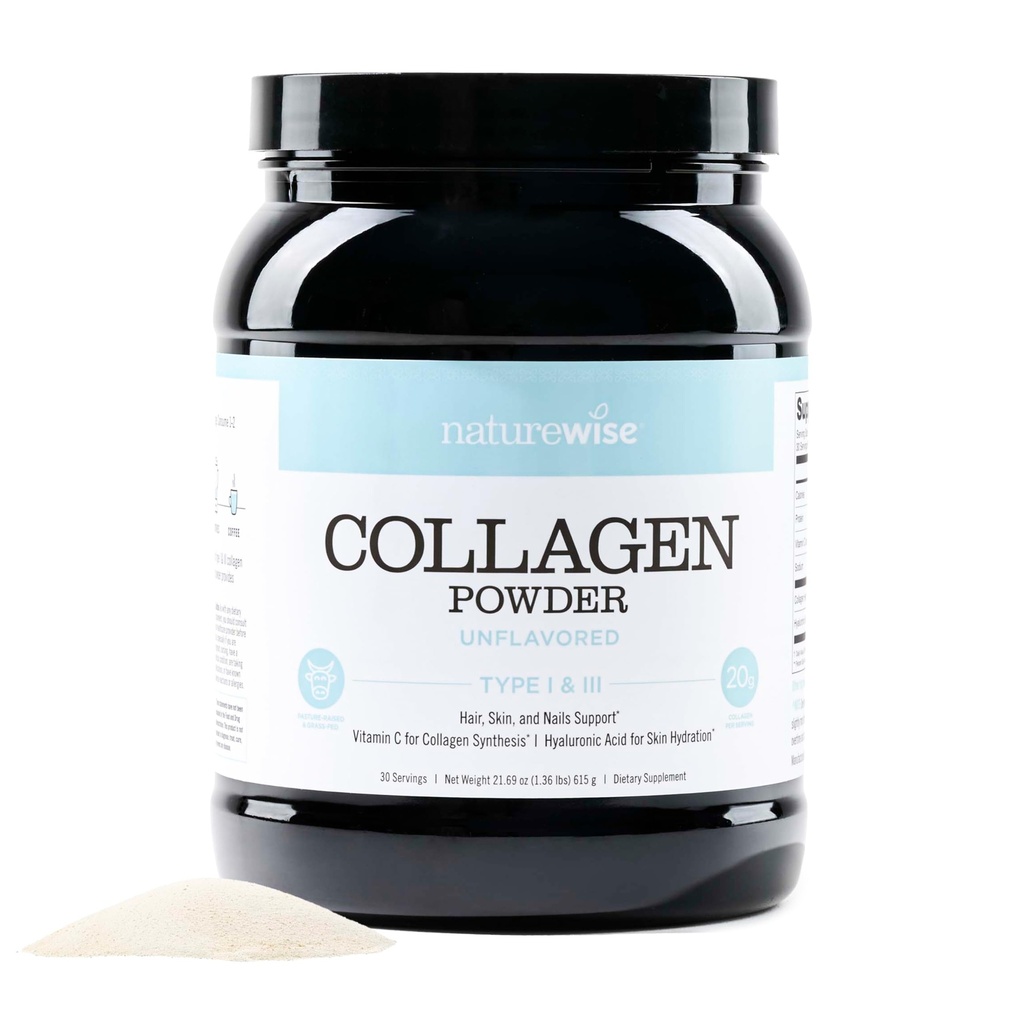 NatureWise Collagen Peptides Powder with Hyaluronic Acid and Vitamin C - Unflavored Collagen Peptides for Women & Men - Type I & III for Hair, Skin & Nails - Sugar, Gluten & Dairy Free - 30 Servings