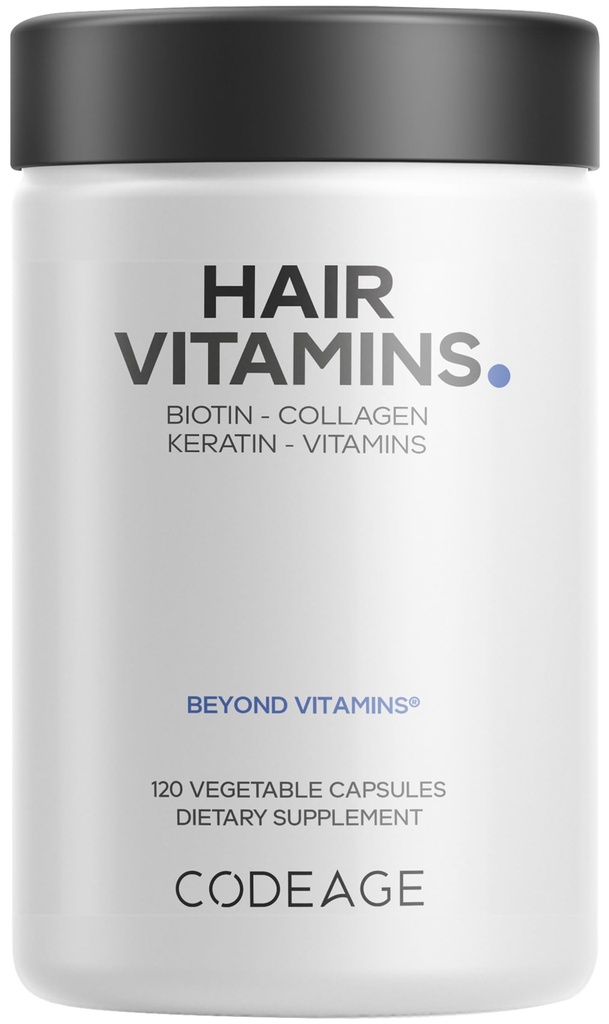ויטמין שיער Codeage ויטמינים 10000 mcg Biotin, Keratin, Collagen, ויטמין A, B12, C, D3, E, Zinc, Turmeric, Probiotics, Enzymes, Inositol - תמיכה לשיער - גלולות שיער בריאות - 120 קפסולות