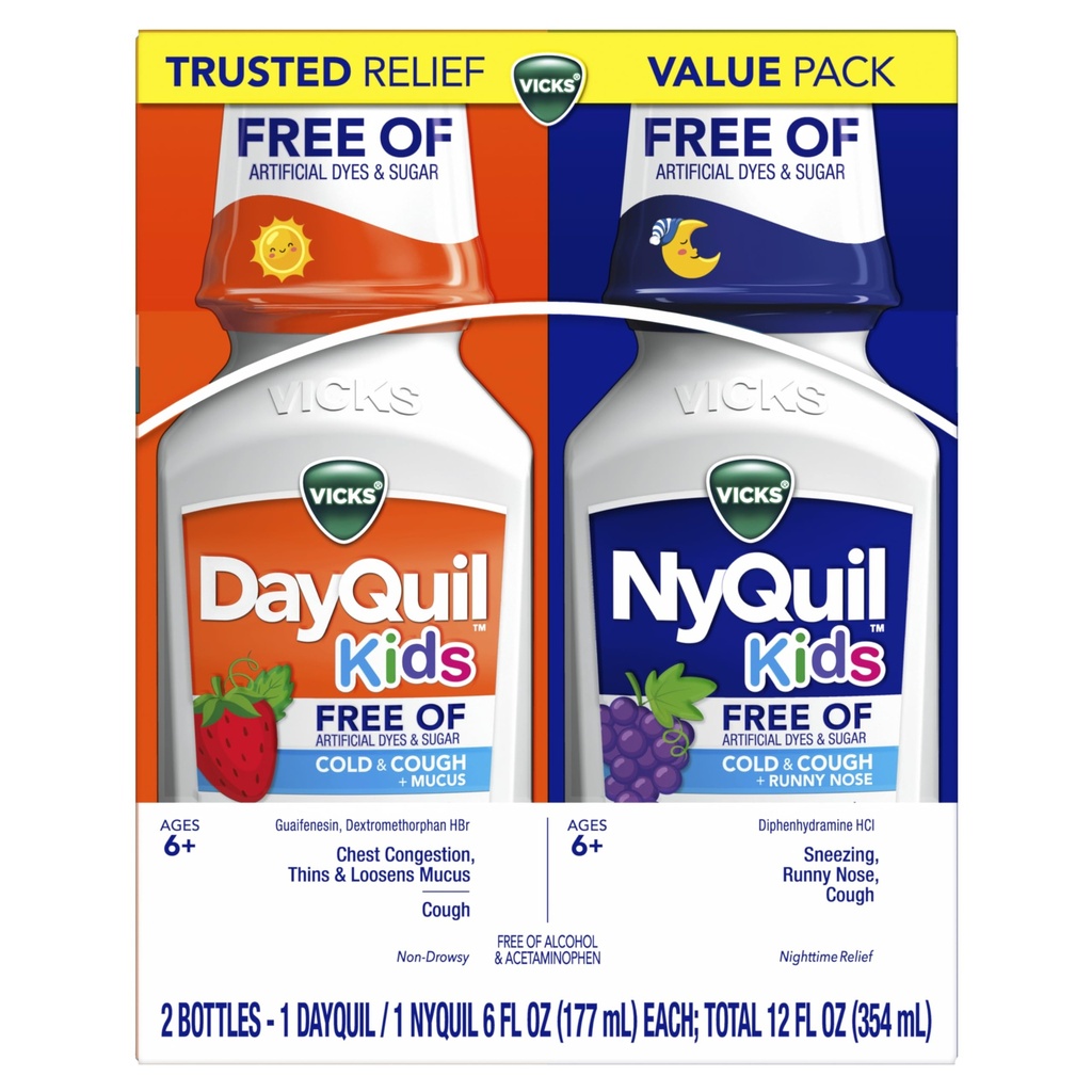 ויקס ילדים Day Quick & NyQuil Cold & Cough Relief נוזל Co-Pack, חינם של Dyes & סוכר מלאכותי, Multi-Symptom הקלה של Cough, Sneezing, Runny Nose, Mucus, צ'סטונג, עבור ימי 6+, 2x6oztom הקלה של Cough, Sneezing, Runny Nose, Mucus, ו צ'סטונג, עבור ימים 6+, 2x6oztungestion, 2x6oz