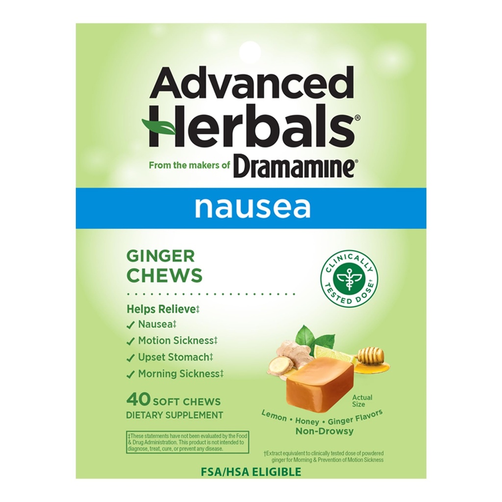 מתוך The Makers of Dramamine, Herbals מתקדם, ג'ינג'ר צ'יפס, Nausea Relief Chews לימון-Honey-Ginger, 40 Count Count