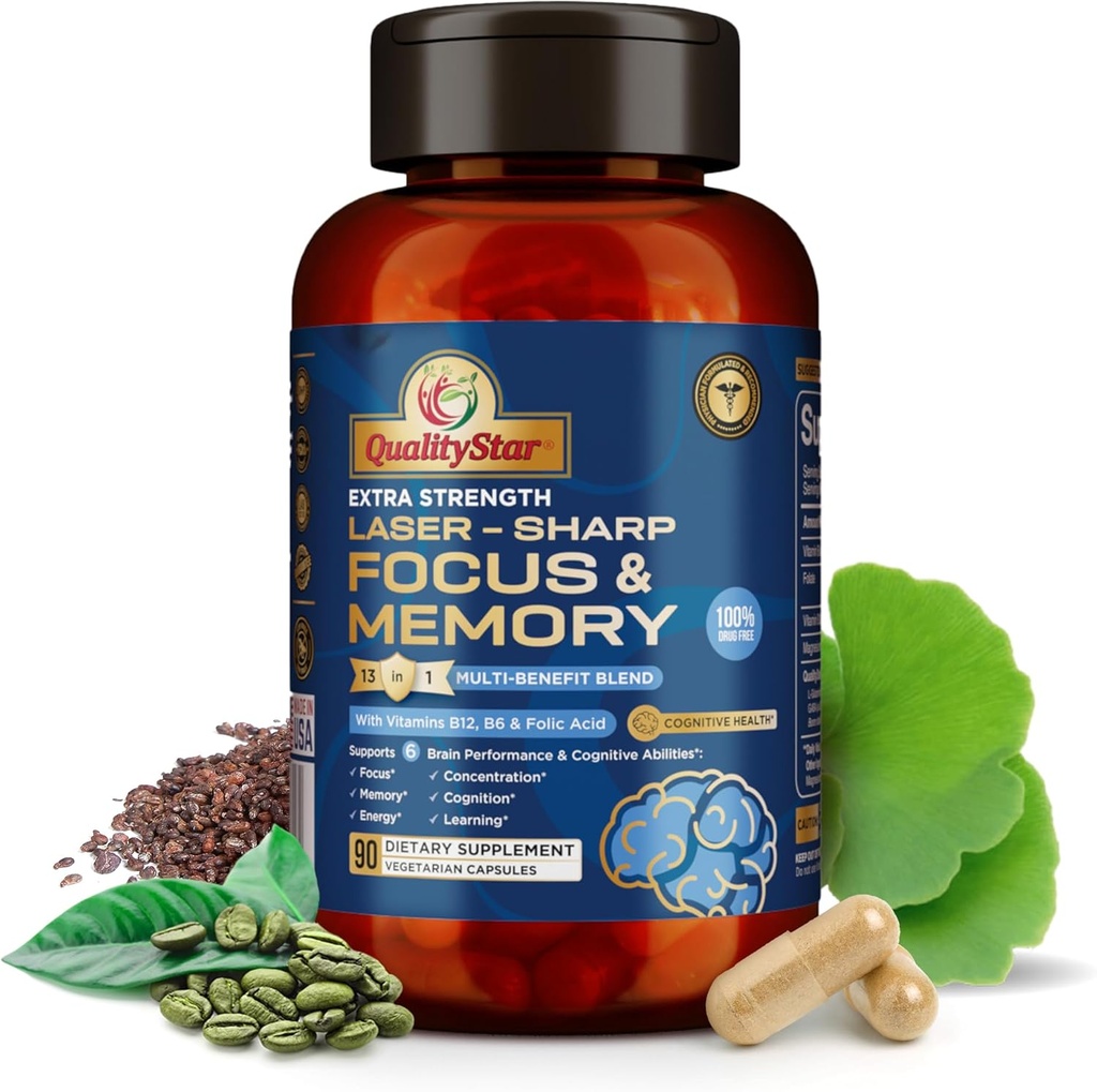 Focus וזיכרון ויטמינים, 13-in1 Multi-Benefit Band for Cognitive and Brain Health, Memory Supplement for Brain, 90 קפסולות צמחוניות