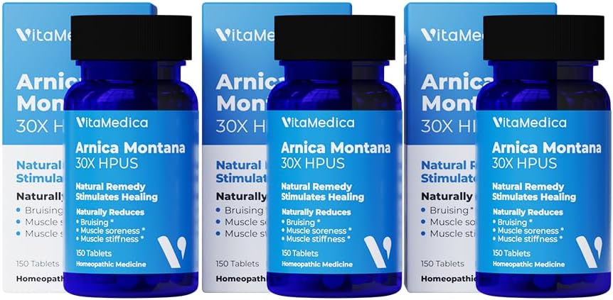 VitaMedica Arnica מונטנה 30X Home Tablets עבור Bruising Pain ו- Swelling | פורמולה מבוססת צמחים | מומלץ על ידי מנתחים פלסטיים | ניתוח שחזור טבעי או פציעה 3 Pack | 150 משרתים