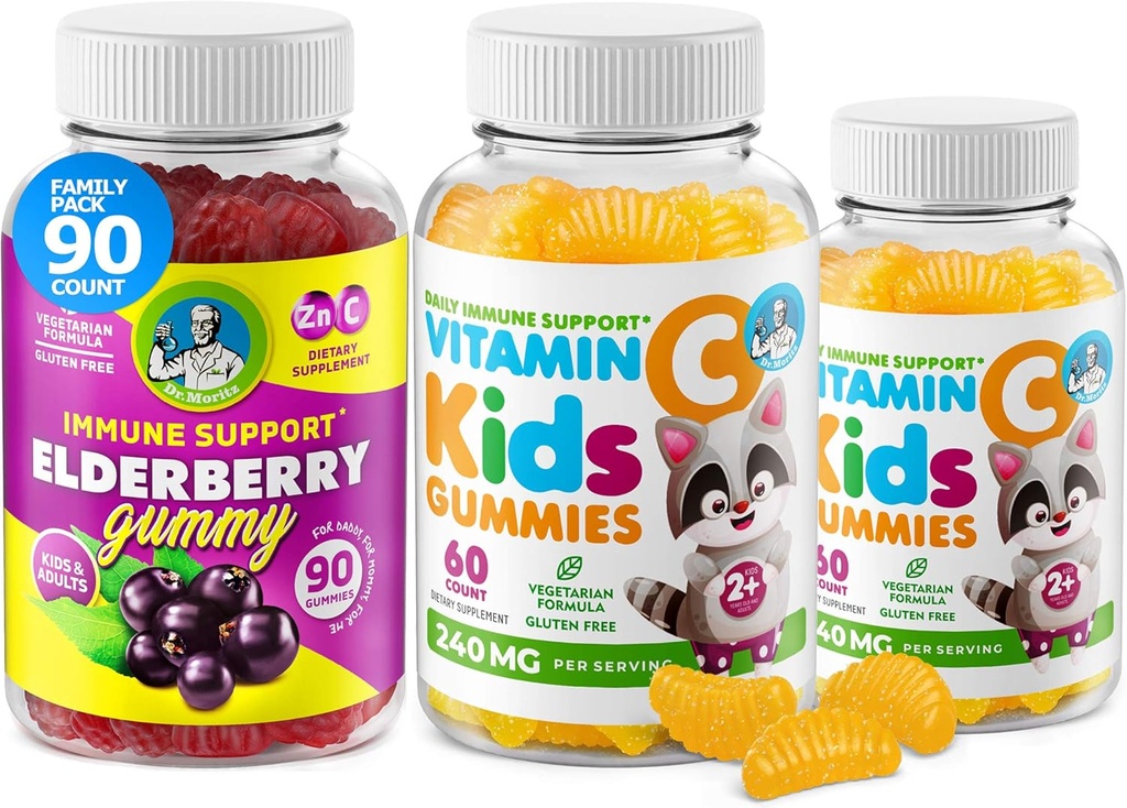 DR. MORITZ ויטמין C Gummies ו-Elderberry Gummies לילדים ומבוגרים - Immune Support low-Sugar Chewable Gummys for Toddlers - Vegetarian Gelatin חינם ילדים