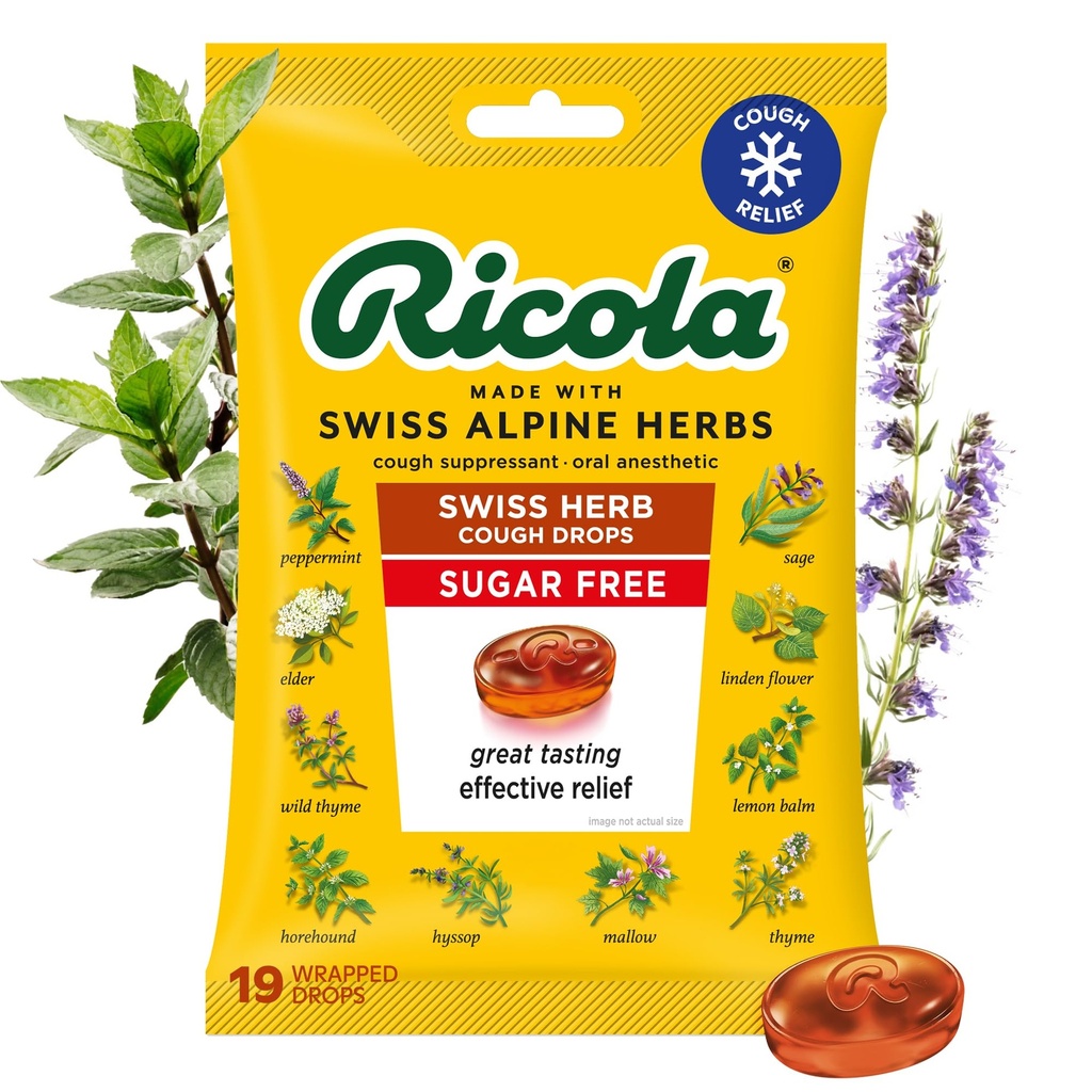 Ricola Sugar Free Swiss Herb Cough Drops, 19 Count, Cough Suppressant & גרון Relieving טיפות עם מקור טבעי Menthol, Pling Taste for Coughs & גרון Irritation Symptom Relief