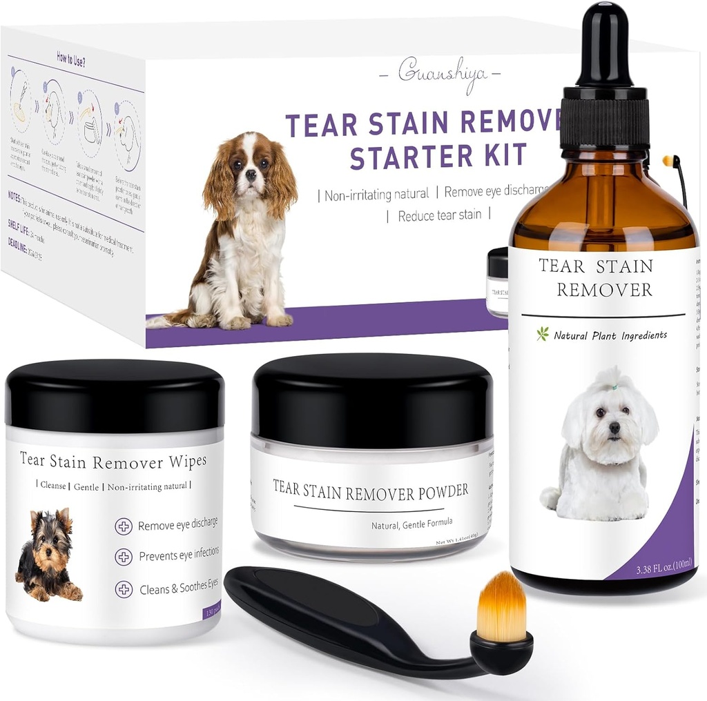 כלב Tear Stain Remover Starter Kit, with Witch Hazel Extract, להסיר Tear Stains, Discharge & Mucus, כולל Stain Solution, Applicator Wipes, Stain אבקה & Brush, Lasts 30-45 ימים