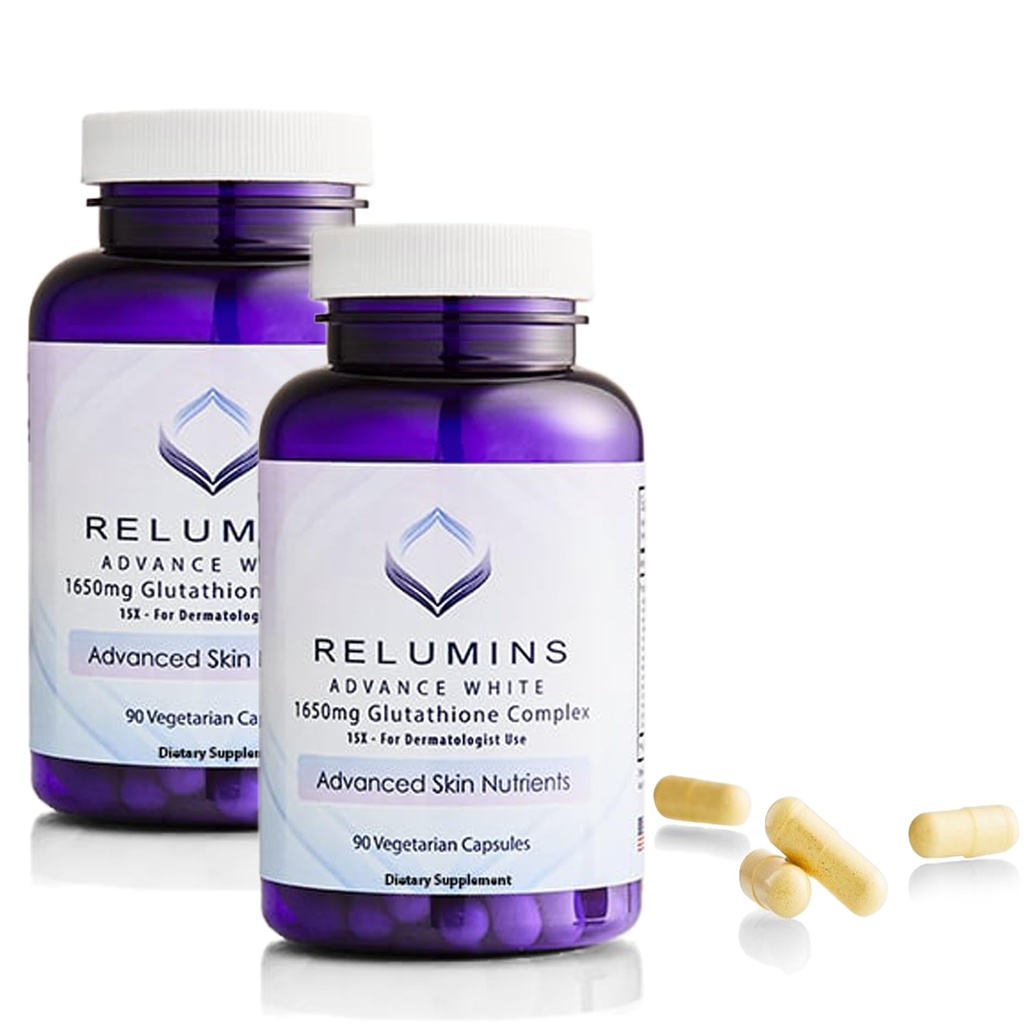 Relumins L-Glutathione Complex 1650 מ"ג - תמיכה אנטי-חמצן עם Alpha Lipoic Acid, NAC, L-Methionine, ויטמין E, Skin Health, המיוצר בארה"ב - 90 קפסולות צמחוניות x 2 בקבוקי בקבוק