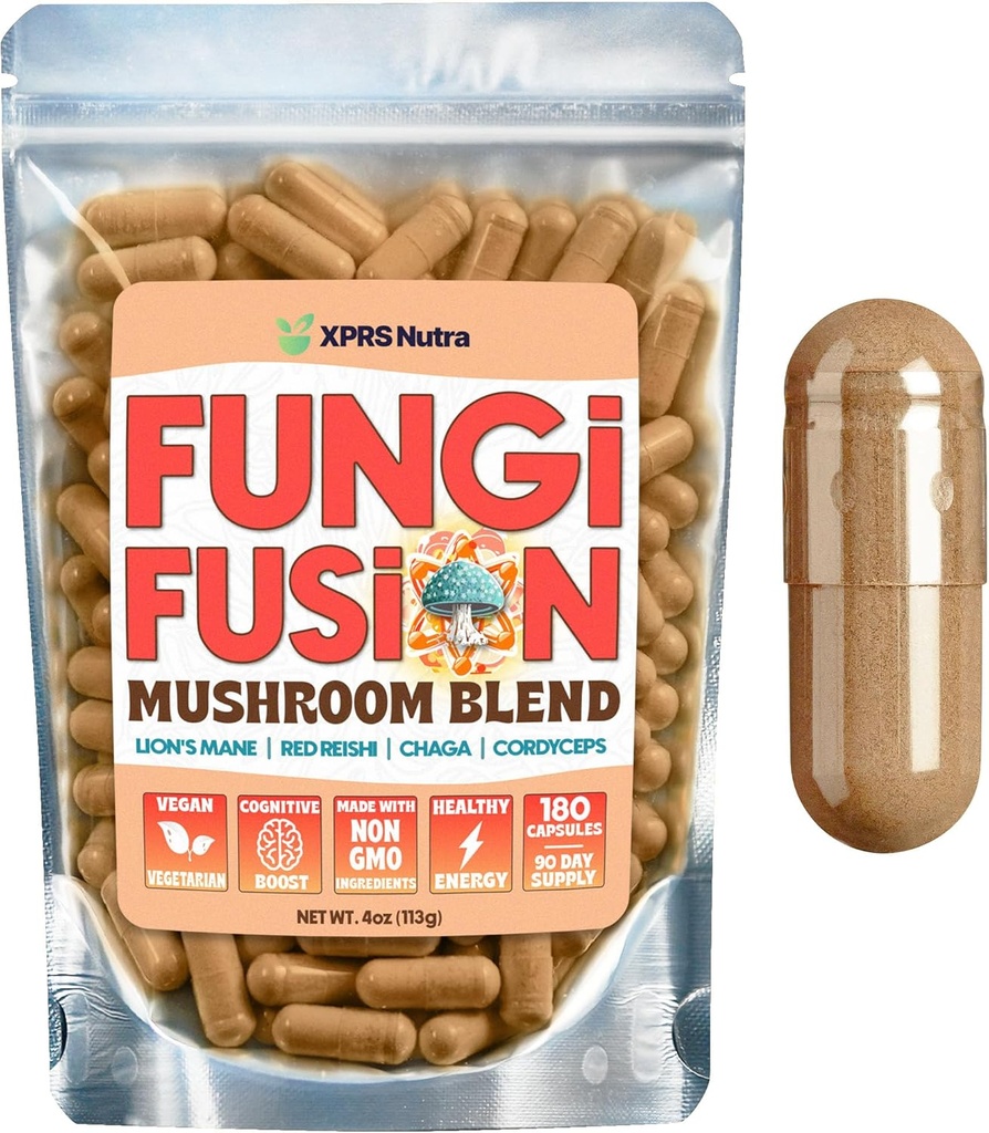 XPRS Nutra Fungi Fusion Mushroom קפסולות - 180 הרוזן (90 יום אספקה) תערובת Premium של אריה מאן, Reishi, Chaga, Cordyceps קפסולות כדי לתמוך בהירות נפשית, קוגניציה, אנרגיה ואינטימיות