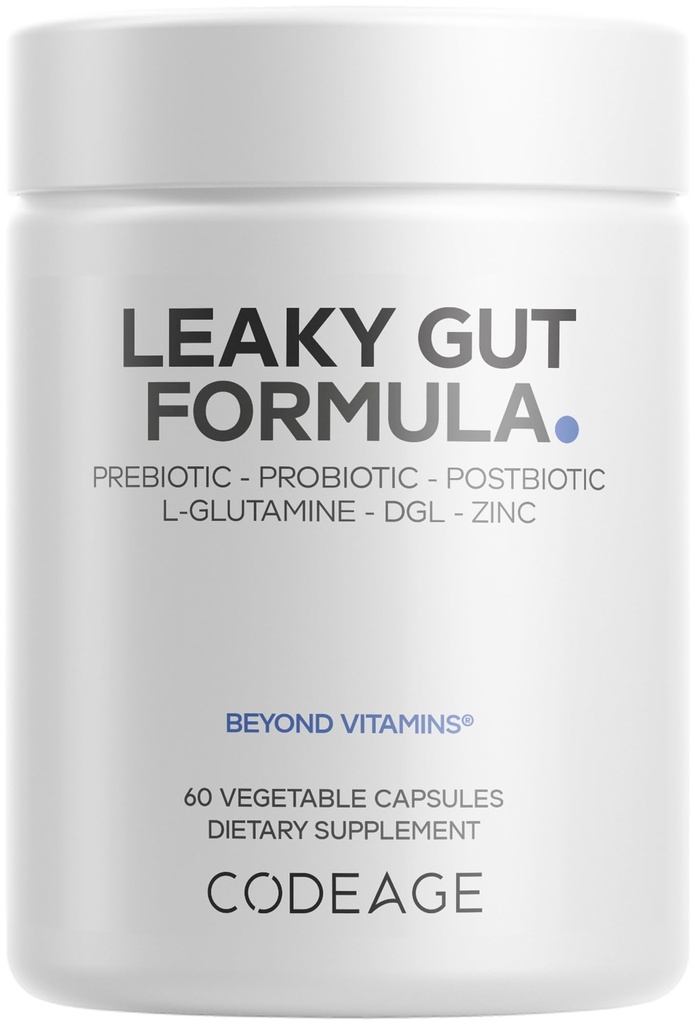 Codeage Leaky Gut תוסף, L-Glutamine, N-Acetylglucosamine, Probiotic, Butyric Acid, Polyphenols, Quercetin, DGL, Marshmallow Root, Berberine, BioPerine, Cinnamon, Vegan, Non-GMO, 60 קפסולות