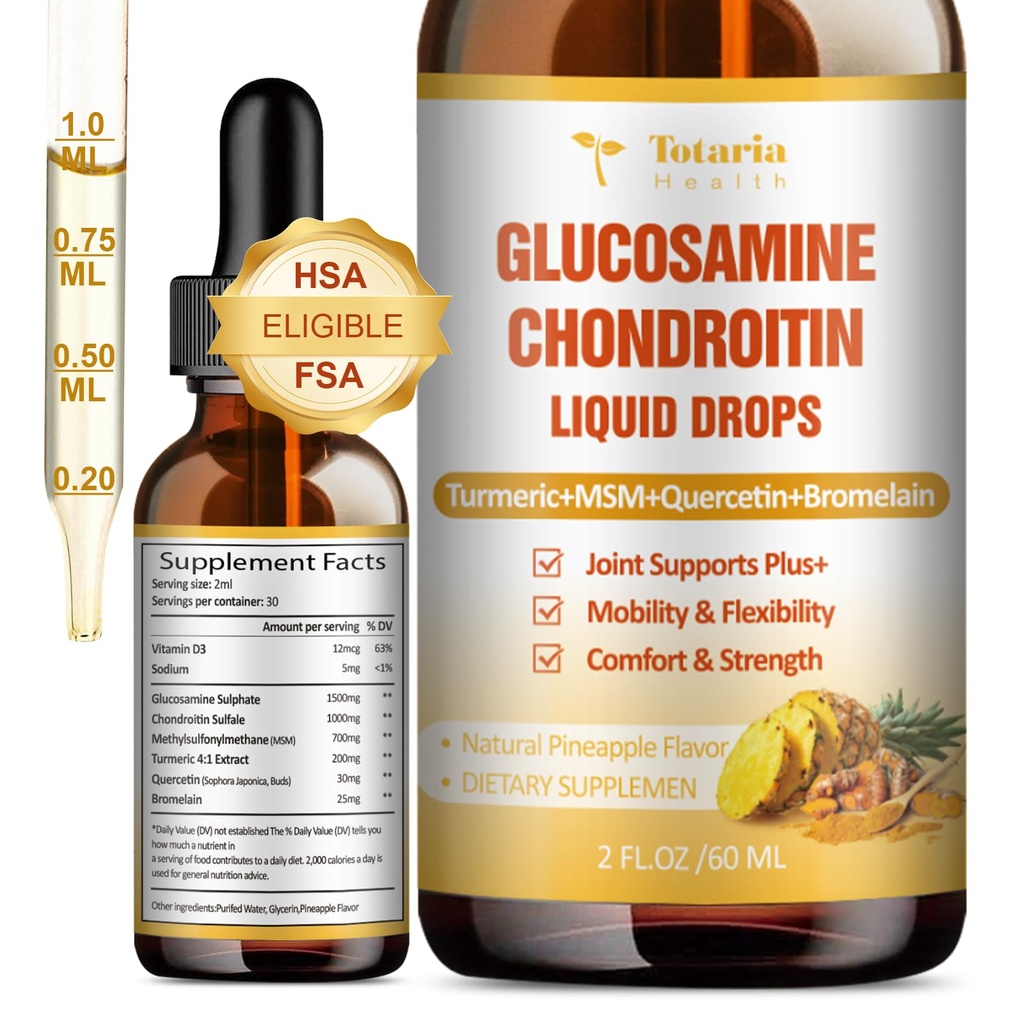 Glucosamine Chondroitin MSM נוזל טיפות FSA-HSA - תוספת תמיכה משותפת עבור ניידות, גמישות ועצמות Chondroitin Sulfate תוסף Turmeric, Quercetin, Bromelain, MSM שמן 2 FL.OZ