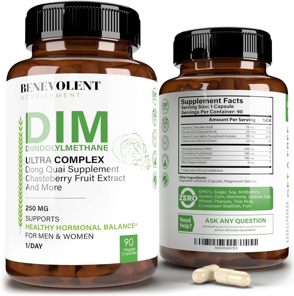 Benevolent Nourishment מקסימום כוח DIM תוספת 250 מ"ג - 90 Vcaps Diindolylmethane Ultra Complex Plus Chasteberry, Dong Quai לחלץ + יותר