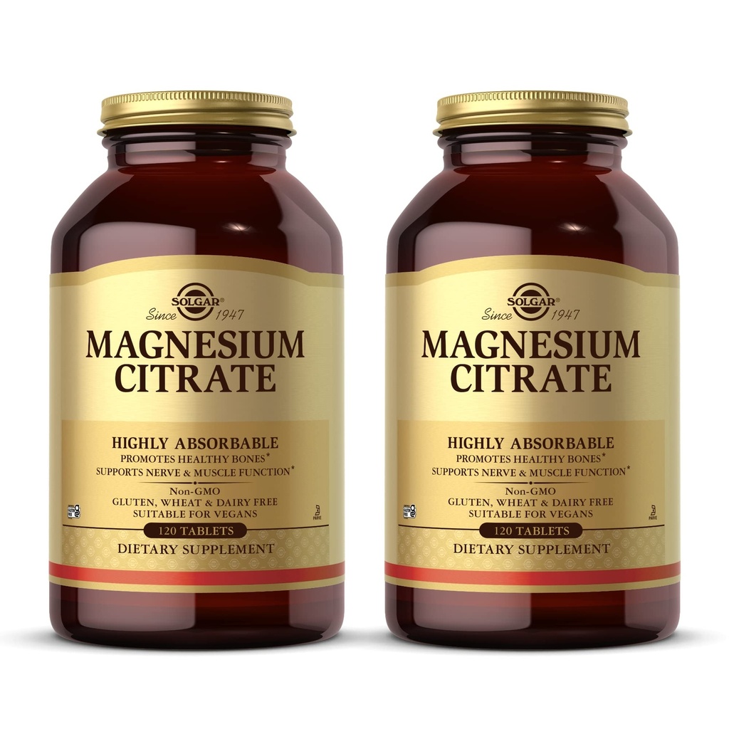 Solgar Magnesium Citrate - 120 טבליות, Pack of 2 - תומך בתפקוד עצבי ושרירים - Highly Absorbable - non-GMO, טבעוני, Gluten Free, כשר - 120 המשרתים המלאים