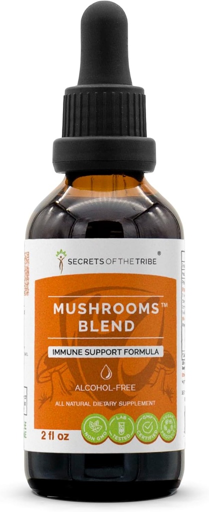 סודות של השבט Mushrooms בלגן אלכוהול חינם, Glycerite Chaga, Shiitake, Maitake, Cordyceps, Reishi Mushroom. Tincture, Herbal Extraction תמיכה פורמולה 2 OZ