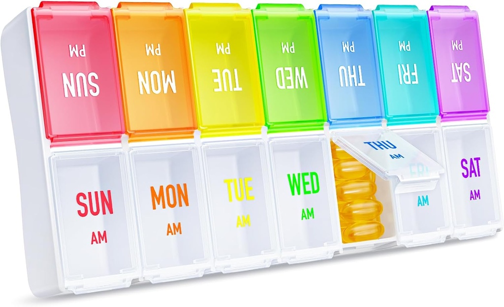 ZIKEE Rainbow Weekly Pill מארגנת 2 פעמים ביום עבור Easy Tracking, AM PM Pill Case, 7 ימים גדול גלולת גלולות פעמיים ביום, BPA-Free תרופות מארגנת עבור גלולות, ויטמינים, שמן דגים, תוספים