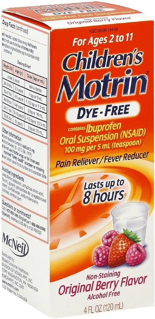ההרחבה של Motrin Children's Dye-Free Pain Reliever / Fever, Original ברי פלאפור 4 oz (12 Pack)