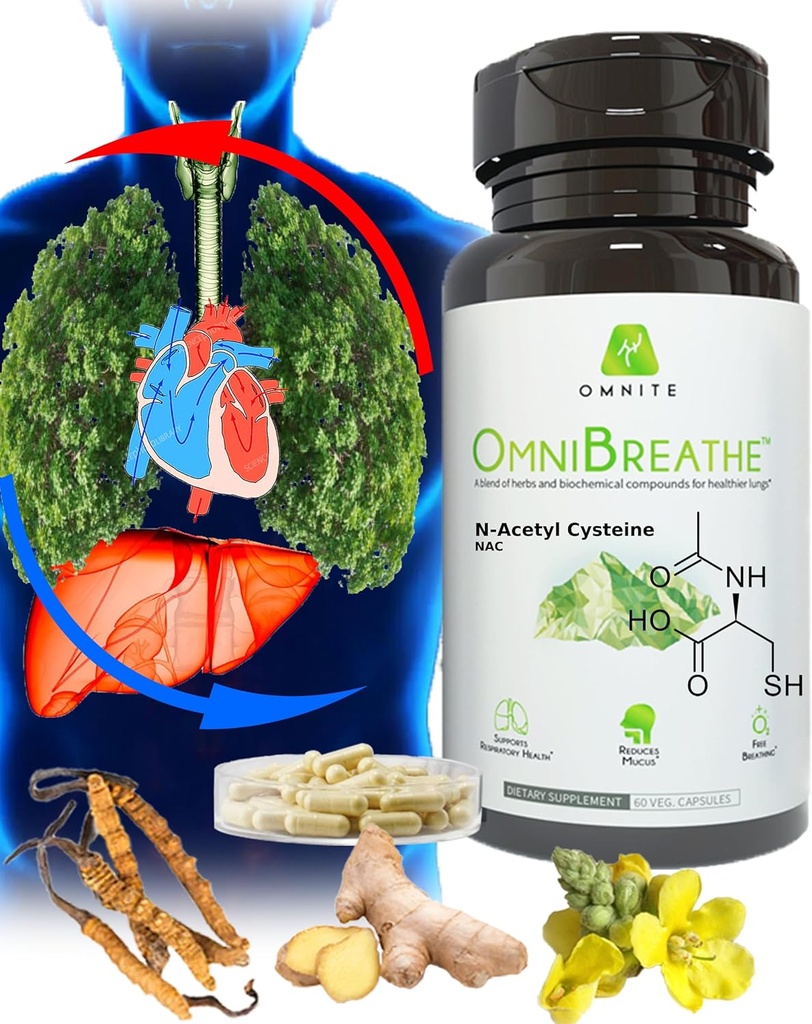 OMNIBREATHE - שיפור מהיר של בעיות נשימה על ידי NAC 600MG באופן מדעי פורמולה w. Quercetin / Mullein/Coq 10/Ginger/Sting Nettle/Bromelain, 3 פעמים w. Meal (10 ימים אספקה כדי Boost)