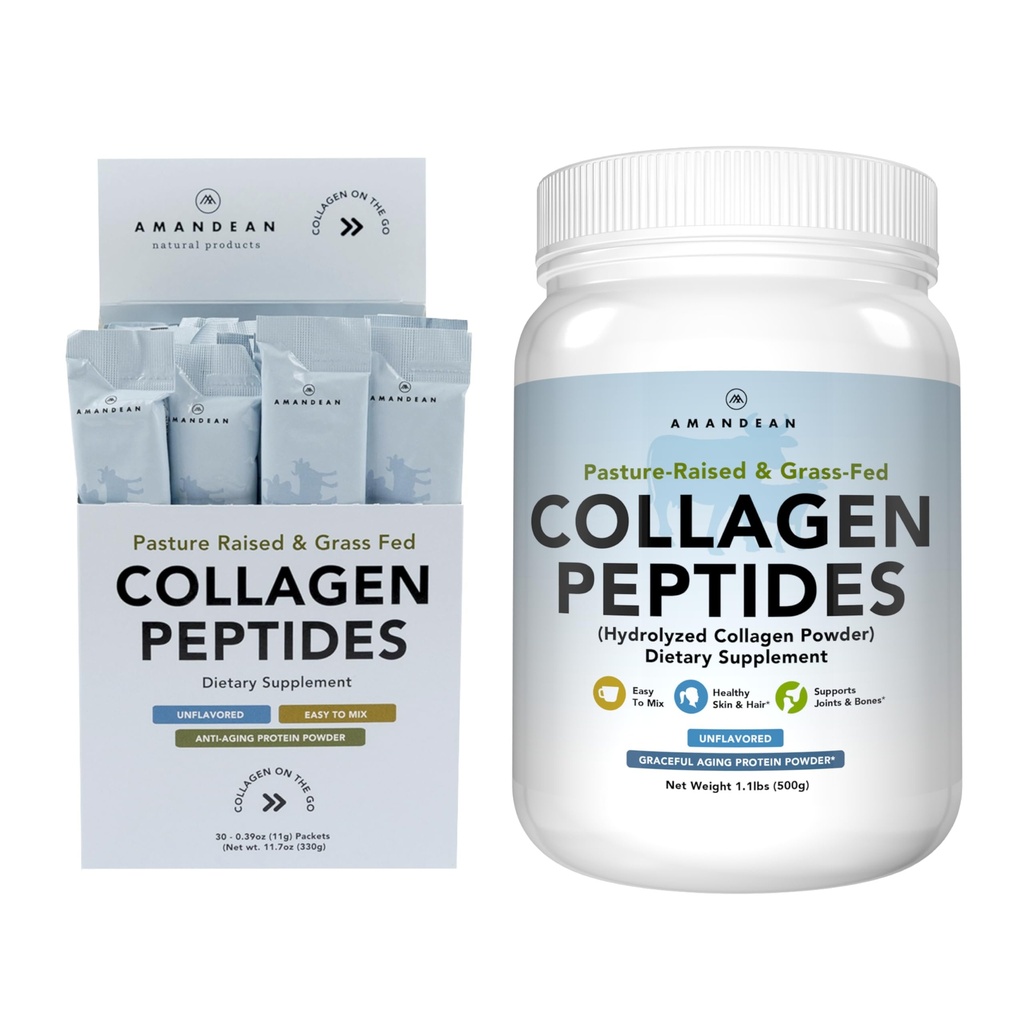 AMANDEAN Collagen Peptides Bundle 1kg & Stick Packs. Grass-Fed, Enzymatically hydrolyzed, סוג 1 ו 3. חלבון עם 18 Amino Acids עבור עור בריא, שיער, ציפורניים. Easy to Mix, Unflavored, Non-GMO
