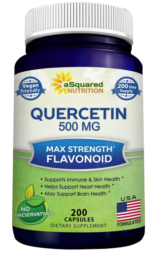 תוספי תזונה מזוהים Quercetin 500 מ"ג - 200 קפסולות - Quercetin Dihydrate כדי לתמוך Cardiovascular Health - Max Power אבקת גלולות מורכבות כדי לעזור לשפר את תגובת החיסון