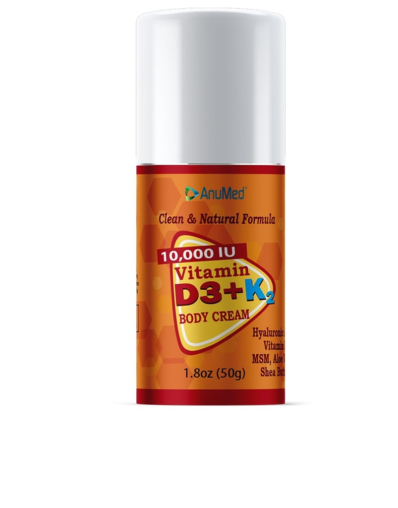 ANUMED - ויטמין D3 עם K2 10000 IU Cream + Magnesium + Hyaluronic Acid + ויטמין E. מקדם עצמות חזקות יותר, שרירים, מפרקים. מקסימום Calcium Absorption, גודל נסיעות (1.8oz) (Package May Vary)