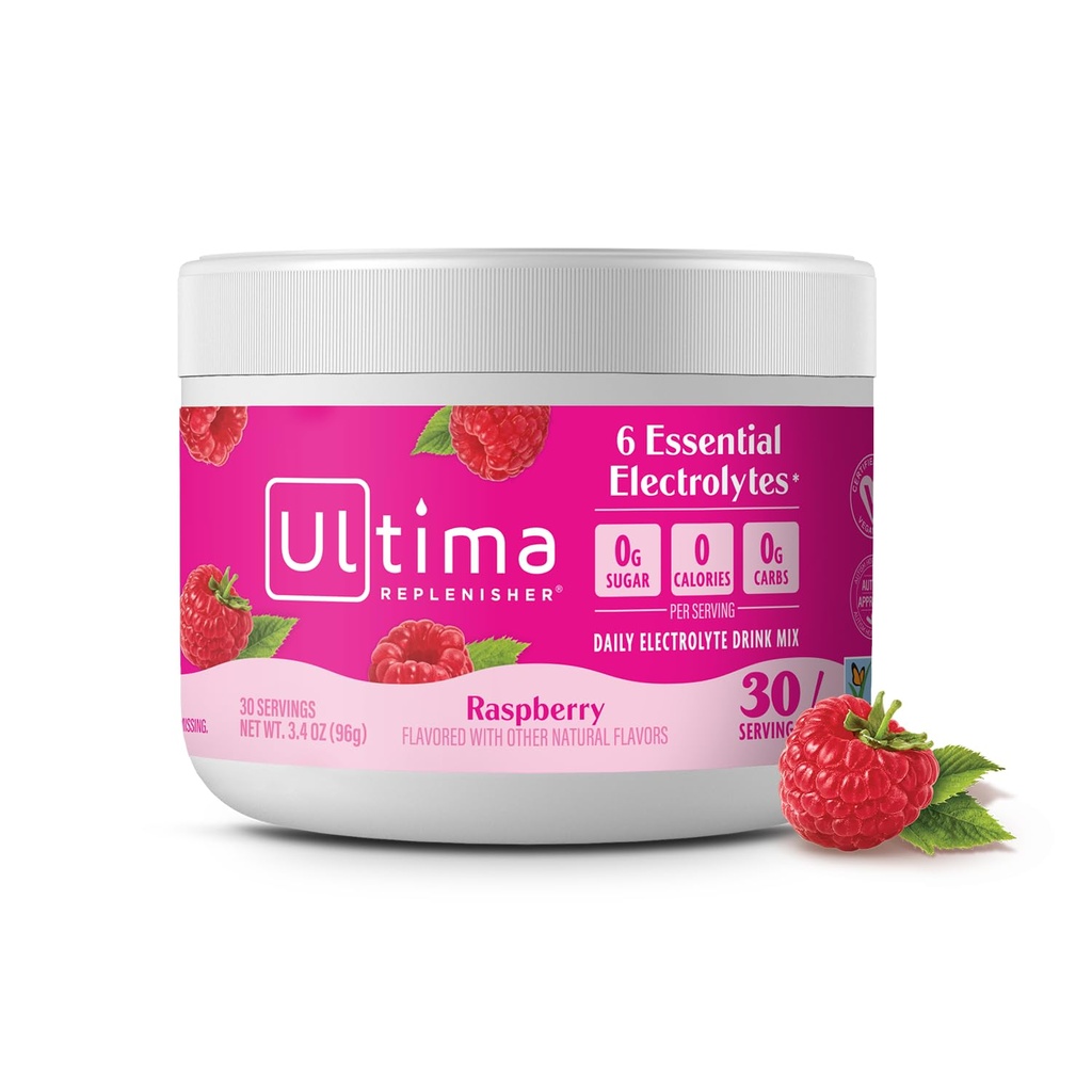 Ultima Replenisher Daily Electrolyte אבקת משקאות Mix - סוכר חינם - פטל, 30 משרתים - אבקת הידרה עם 6 Key Electrolytes ו- Trace מינרלים - Keto Friendly, טבעוני, non-GMO