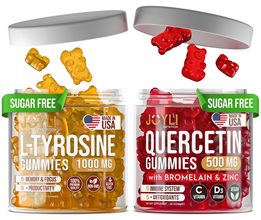 L-Tyrosine Gummies + Quercetin Gummies - L Tyrosine תוסף, Quercetin עם ויטמין C - Focus Gummies ו Immune Support Gummies - 60 L-Tyrosine עבור ילדים מסטיקנים, 60 Quercetin עם Zincs חניכיים