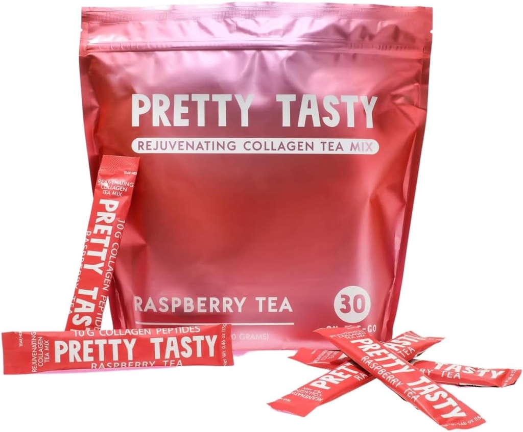 Pretty Tasty Raspberry Radiance Collagen Tea - Stick Pack Pouch, Sun-Kissed Raspberry Band, Beauty and Wellness, 10g Collagen Peptides Mix, 30 Count