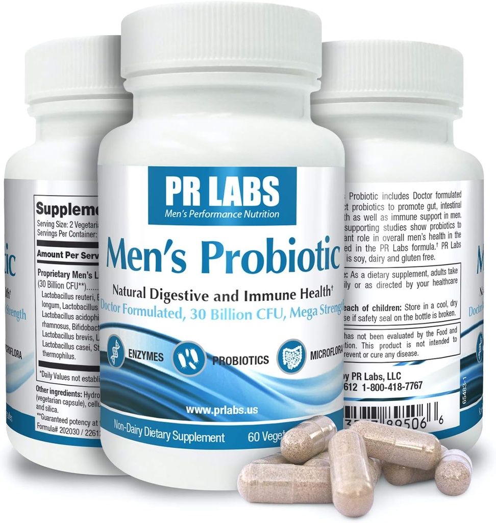 Prostate Research Labs Men's Probiotic - תוסף Enzyme Enzyme Probiotic for Men - מקדם את בריאות Gut ותמיכה בחיסון - 1 Pack (60 קפסולות)