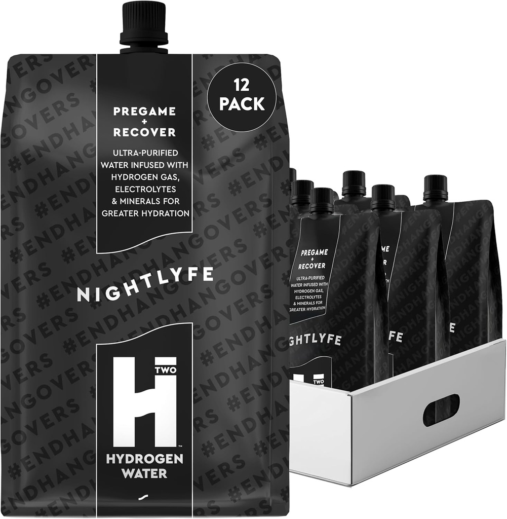 HTWO Nightlyfe Recovery, 16.9oz Premium Hydrogen Infused Water with Electrolytes, ויטמינים ומינרלים, 12-Pack, חבילות הידרה פונקציונליות עבור Recovery & Mental Clarity, סוכר חינם חינם