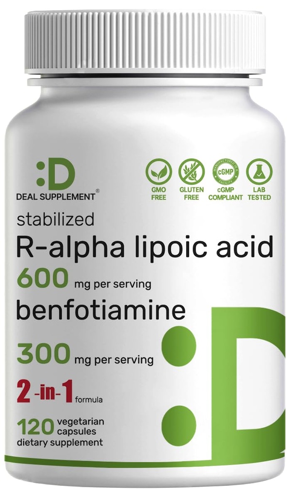 DEAL SUPPLEMENT R Alpha Lipoic Acid 600 מ"ג עם Benfotiamine 300 מ"ג פרי, 120 קפסולות Veggie - 200 מ"ג R-ALA Per קפסולה - Antioxidantget for Energy & Nervous System Support
