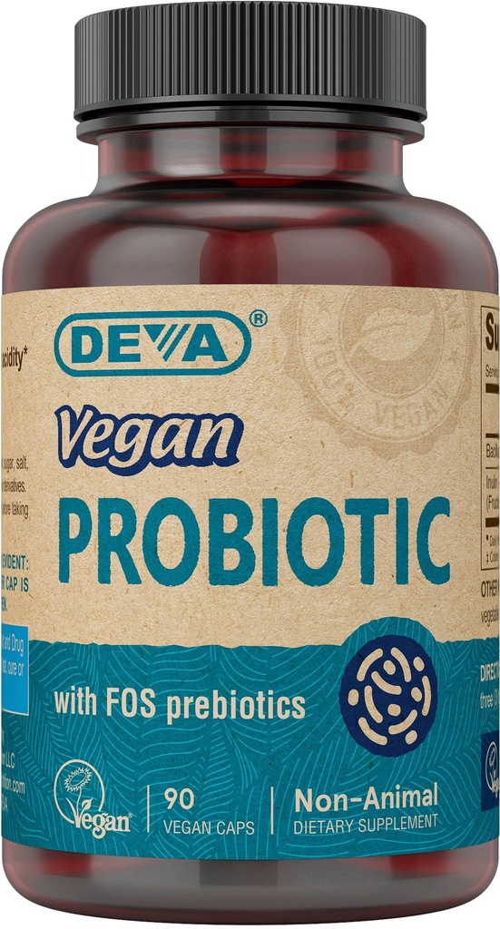 DEVA טבעוני פרוביוטיקה עם FOS Prebiotics תוסף - 2 מיליארד CFU עם 100 MG של Prebiotics Per לשרת עבור גברים ונשים - non-Dairy Gluten חינם - באופן טבעי Shelf Stable - 90 קפסולות