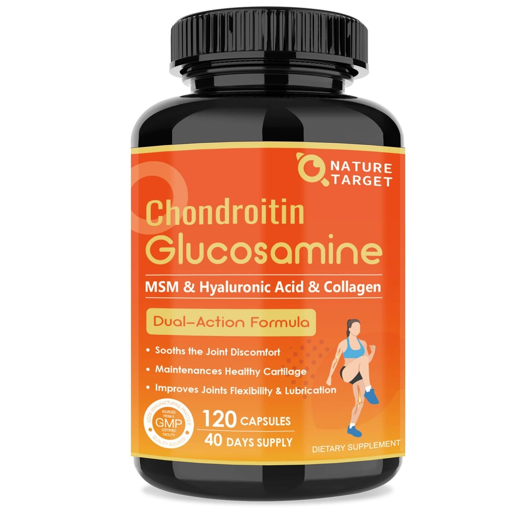 NATURE TARGET Glucosamine Chondroitin משותף תוספת תמיכה - Plus MSM, Collagen, Turmeric, Shellfish חינם, תומך Joint, Knees, Cartilage, עבור גברים ונשים, 120 Caps Caps