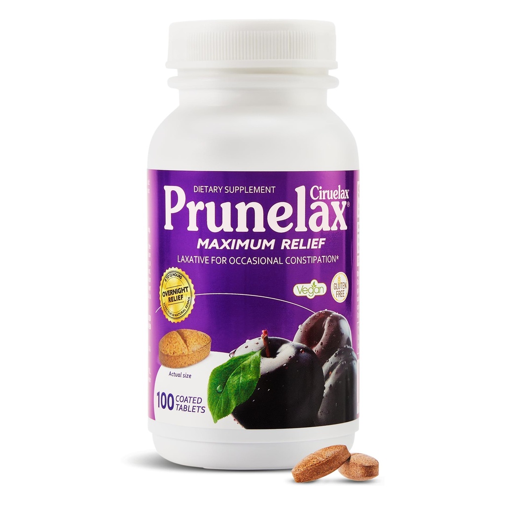 Prunelax Ciruelax מקסימום הקלה טבליות עם טבעי Senna עבור Occasional Constipation, Senna Extract, טבעוני & Gluten-Free, Gentle Overnight הקלה - 100ct