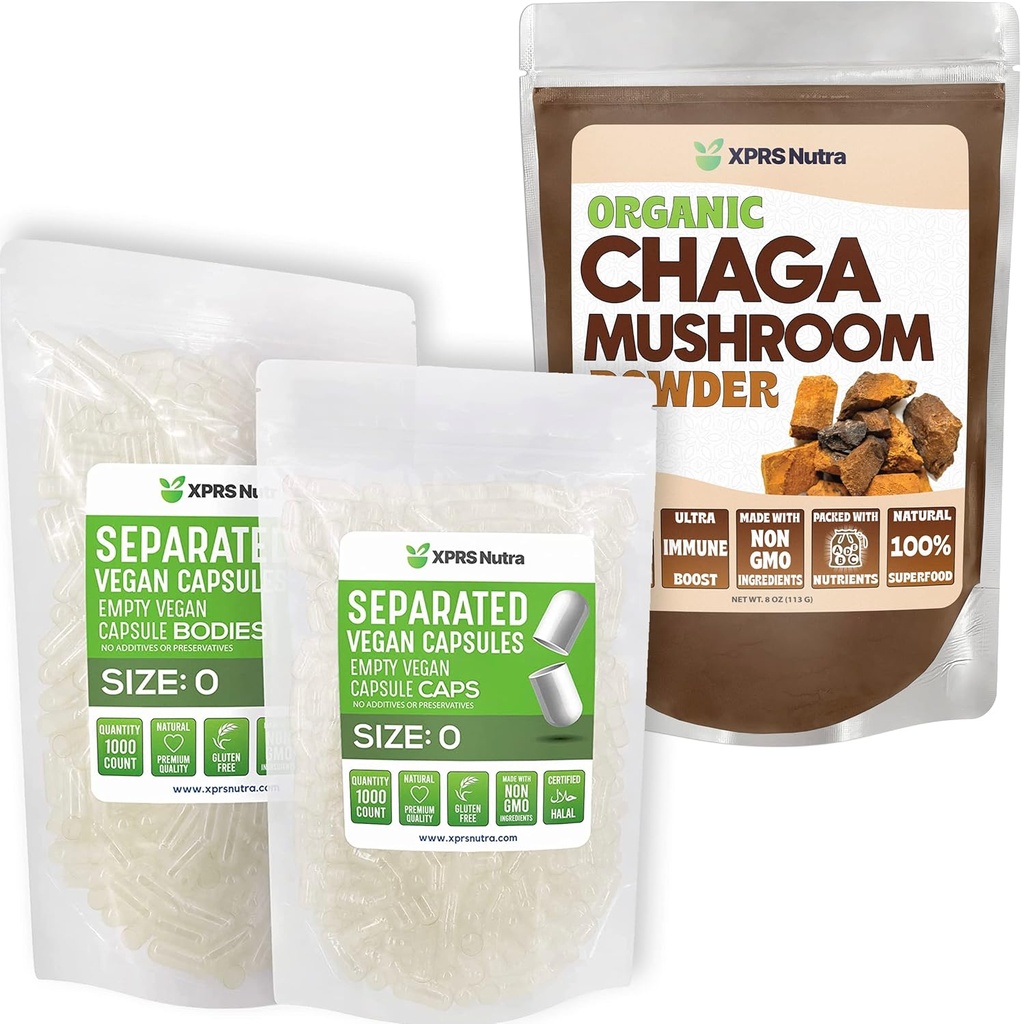 XPRS Nutra נפרד בגודל 0 קפסולות (1000 Count) עם אבקת Chaga (8 Ounce) Bundle