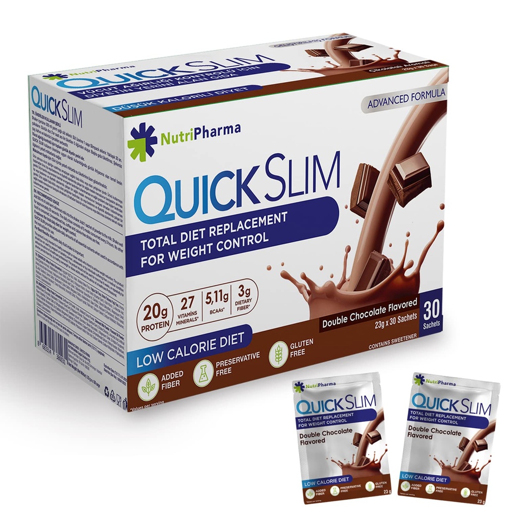 Quick Slim Meal החלפת Shake for Weight Loss, 30 משרתות, חלבון 20 גרם, 27 ויטמינים ומינרלים, Dietary Fiber, Low Carb, Gluten Free (Double Chocolate, 30 Sachets)