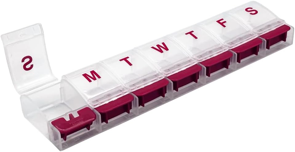 EZY DOSE Weekly (7-Day) AM/PM Daily Push Button Pill מארגנת, ויטמין Case, ו- Medicine Container, X-Large השוואתיות, Arthritis Friendly, Convenient and Easy to Use, Clear/Red, BPA Free, BPA Free, BPA Free