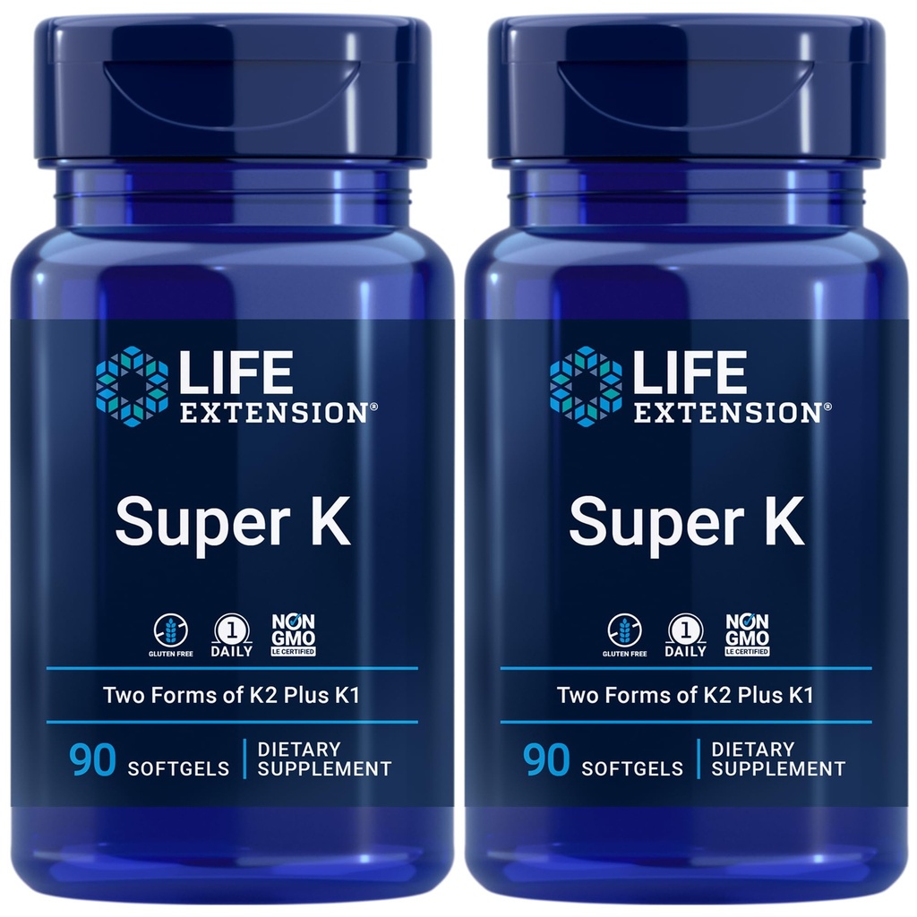 Life Extension Super K, ויטמין K1, ויטמין K2 mk-7, ויטמין K2 mk-4, ויטמין C, Bone/Heart/Hearterial Health, 3 Monteh Supply, 1 Daily, Non-GMO, 90 Softgels (Pack of 2)