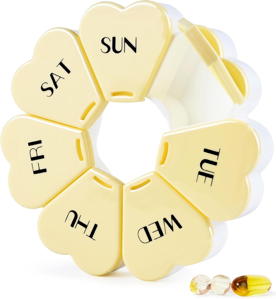 MOLN HYMY Large Weekly Pill Box 7 Day, Pill Case Organer, Flower Contain Piller Once Daily, Round Medicine Dispenser forוויטמין/Fish Oil/Medication/Supplement (Yellow)