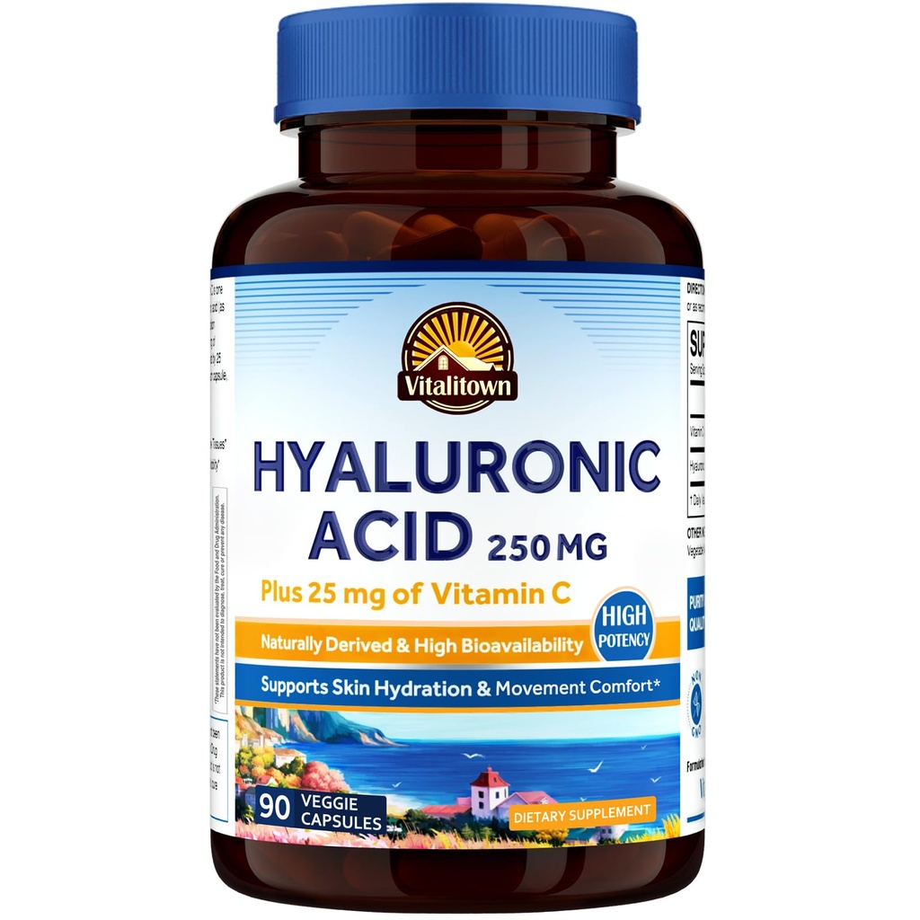 Vitalitown Hyaluronic Acid תוספי 250 מ"ג, בתוספת 25 מ"ג ויטמין C, באופן טבעי Derived & High Bioavailability, Skin hydrotion, 90 קפסולות טבעוניות, 3 חודשים אספקה