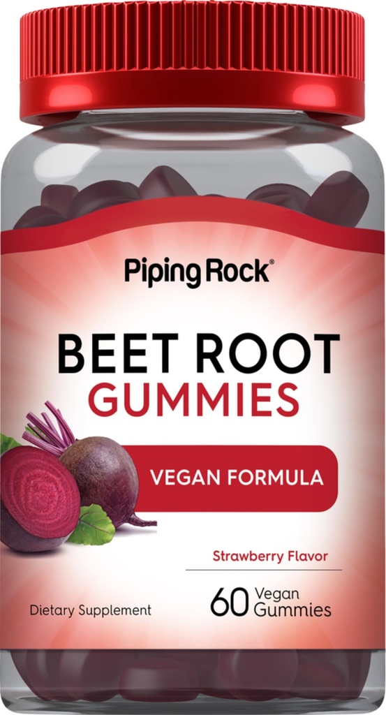 Piping Rock Beet Root Gummies | 60 Count | For Men and Women | Nitric Oxide תוסף | עם ויטמין C ו- Black Pepper | Strawberry Flavor | טבעוני, Non-GMO, Gluten FreeFree