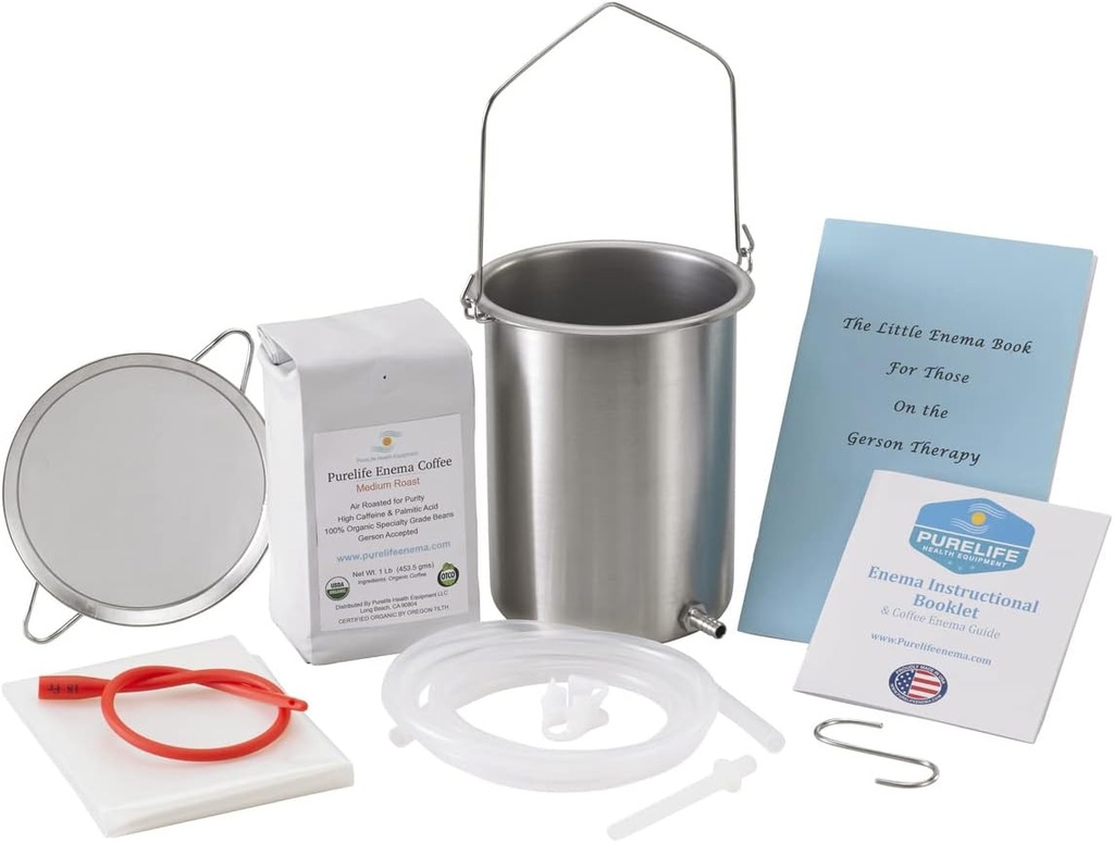 PureLife קפה Enema Kit-מיוצר בארה"ב - All You Need Kit - 2 Qt USA Stainless Steel Enema Bucket - Lab Tested Organic Enema Coffee - Mold, Fungus, Mycotoxin Free - 1 פאונד - קפה סטרינאר