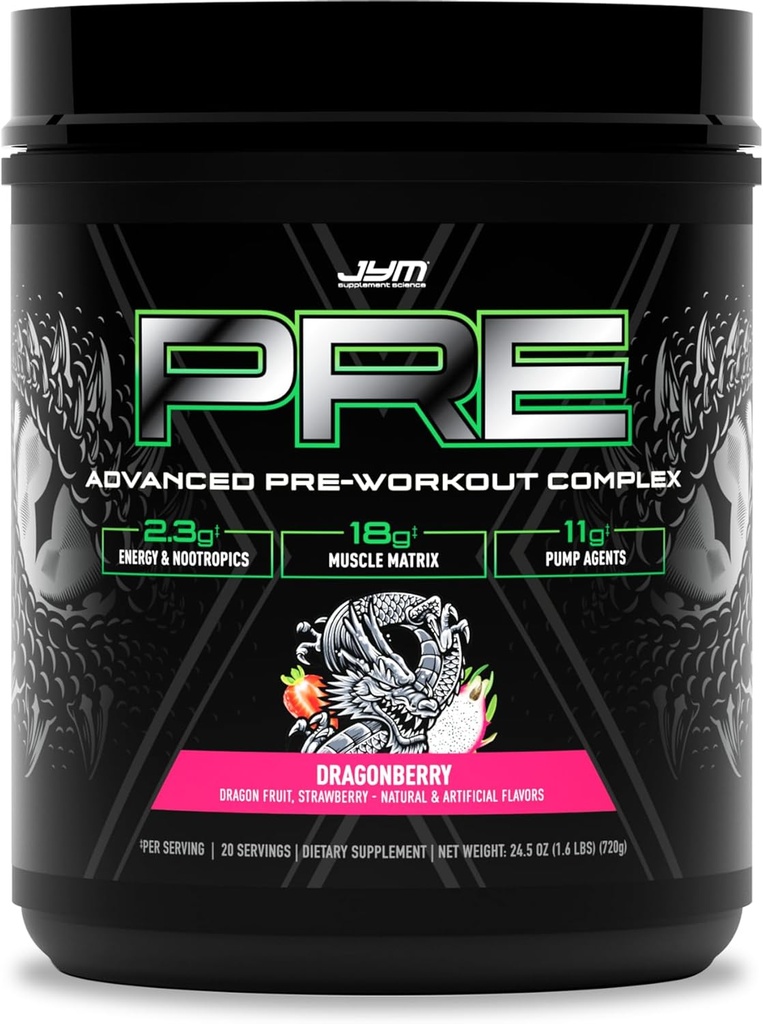 JYM תוסף Science Pre JYM X Dragonberry Advanced Pre-Workout אבקת Massive Pumps, Citrulline Nitrate, Dynamine, NO3T Betaine, BCAA's, Nootropics, Creatine, Beta-Alanine, 20 משרתים