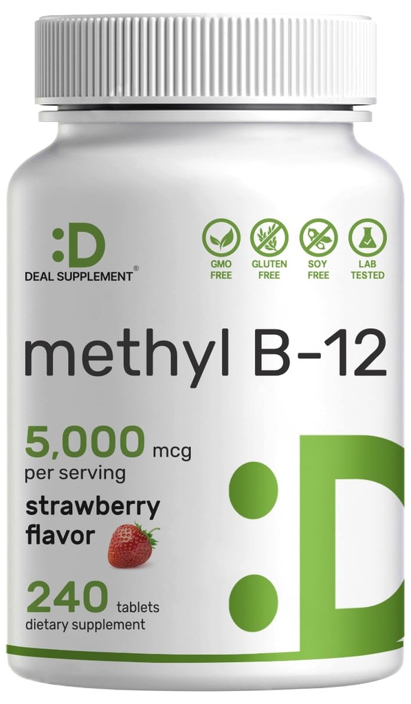 המונחים: athyl B-12 ויטמינים 5000 mcg, 240 טבליות Chewable | Active Form - Strawberry Flavored - Energy Support & Brain Health Function - Vegetarian & GMO חינם