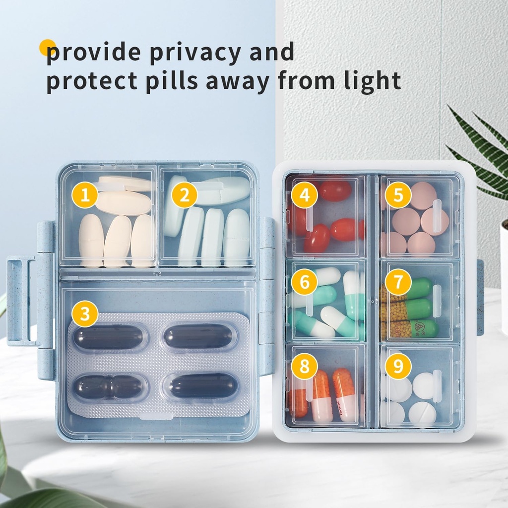 2 Pack 9 השוואתי Travel Pill מארגנת Box Moisture Proof Small Pill Case for Pocket Purse Daily Pill Holder Container for Medicine Vitami