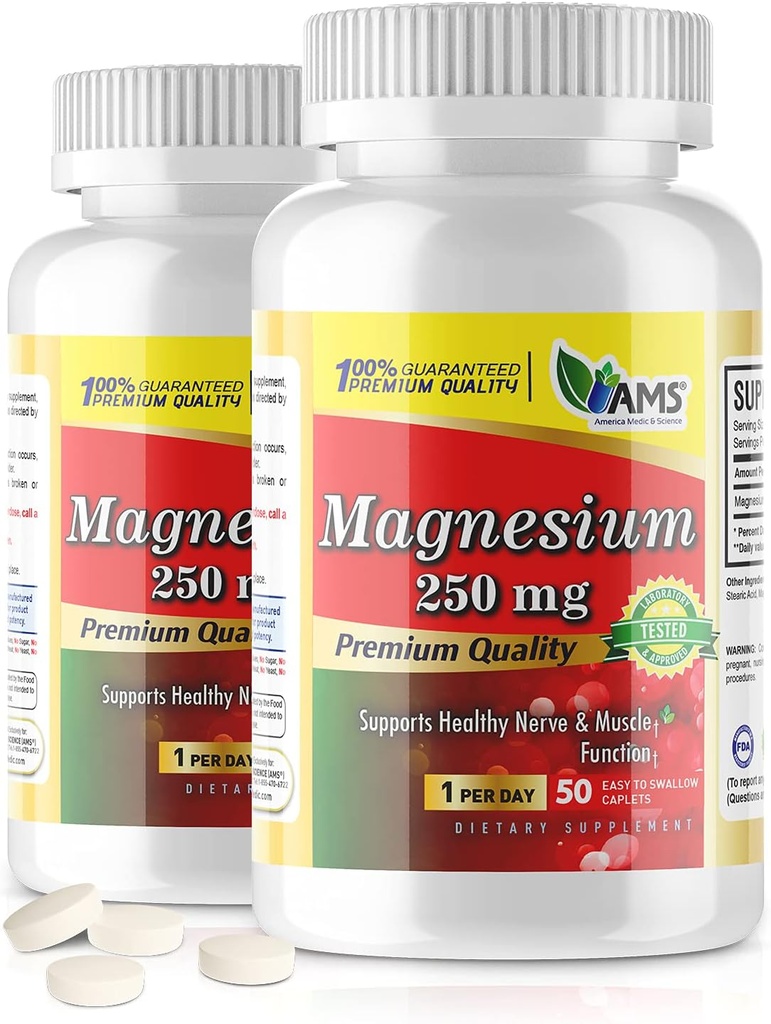 אמריקה Medic & Science Magnesium 250 מ"ג (100 קפסולות) | חבילה של 2 בקבוקים | Magnesium Oxide תוסף לגברים ונשים | תמיכה בתפקודי עצבים בריאים ושרירים | Boosts תרגיל ביצועים