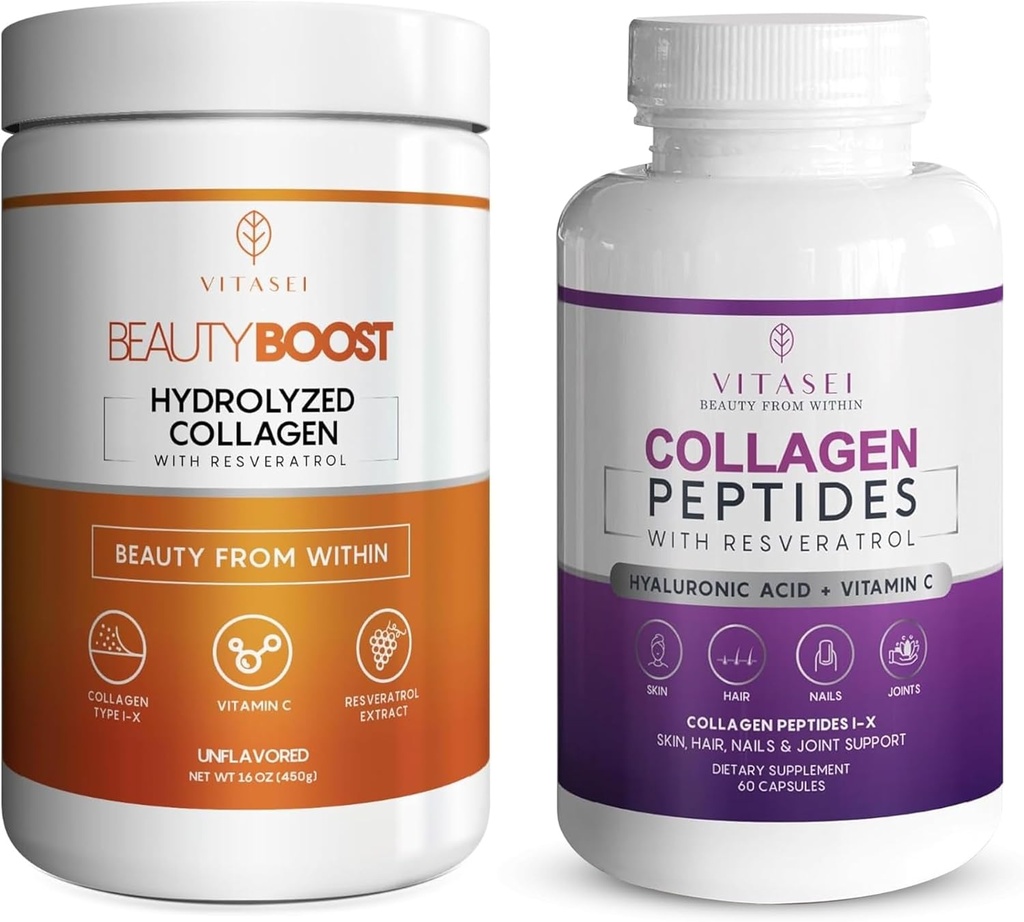 VITASEI Collagen Wellness Bundle - hydrolyzed Collagen Peptides אבקת & Collagen Peptide כמוסות עם ויטמין C & Resveratrol - תמיכה לשיער, עור, ציפורניים, עצמות, ופרקים