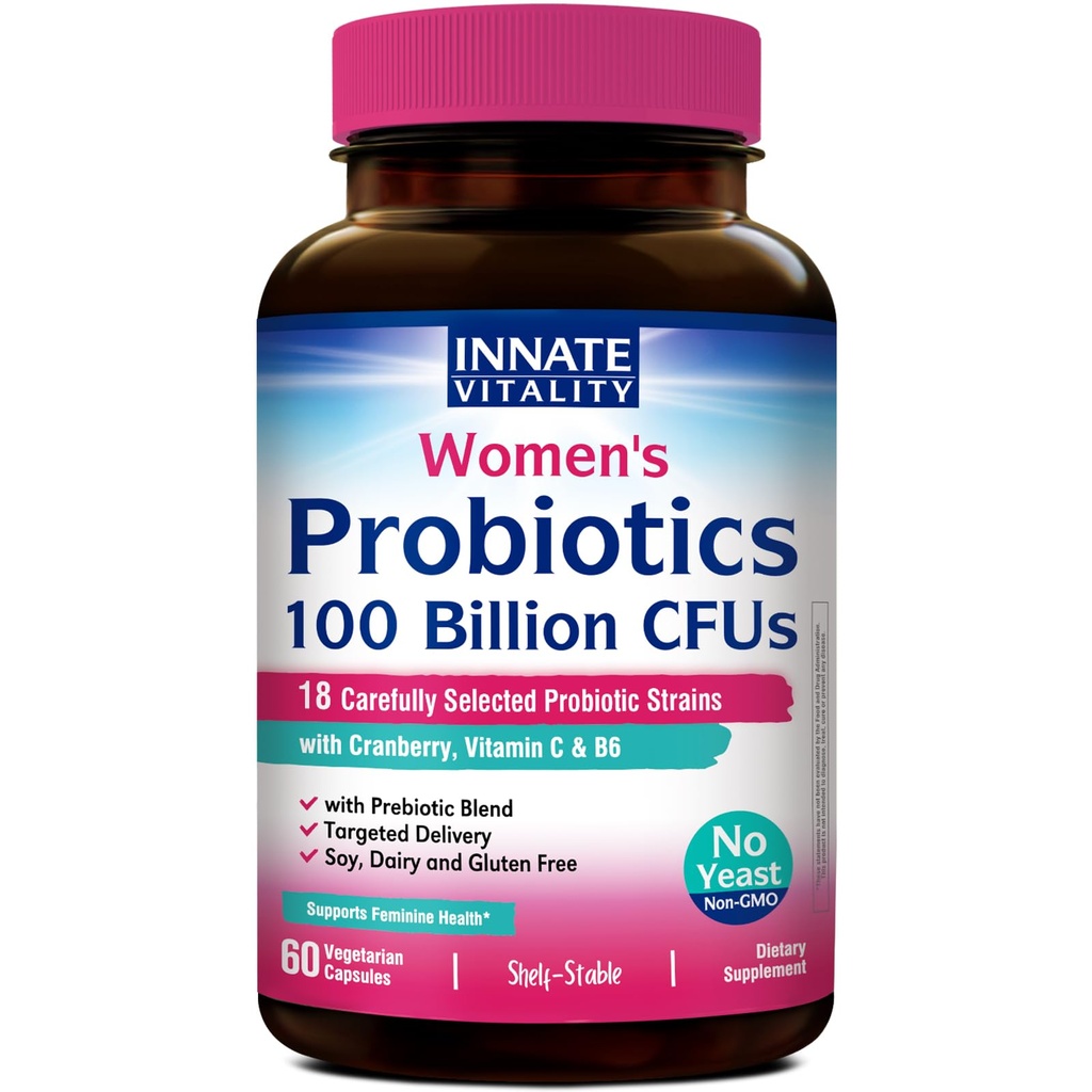 Innate Vitality Probiotics for Women, 100 מיליארד CFUs 18 סטרינס, Prebiotics ו Probiotics, with Cranberry, ויטמין C & B6 P5P, ו-Vaginal & Digestive Health, Non Reigerated, 60 Caps Caps, עם Cranberry, ויטמין C & B6 P5P, Vaginal & Digestive Health, Non Reigerated, 60 Caps