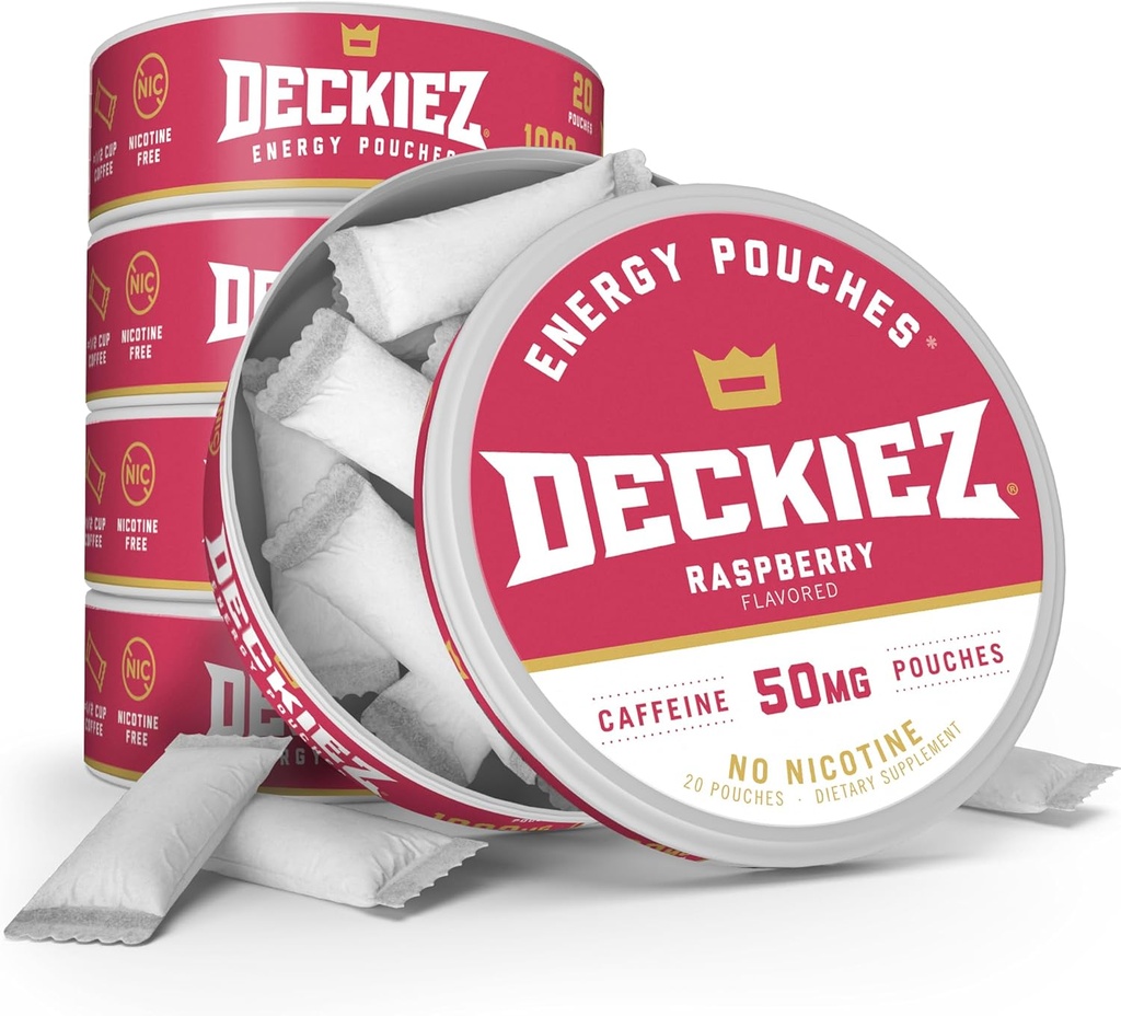 Deckiez Energy Pouches, 5 Cans (100 משרתים), תוסף סוכר חינם קפאין, קפה Pouches & אנרגיה לשתות אלטרנטיבי, 50 מ"ג Caffeine Pouches, Raspberry Flavor