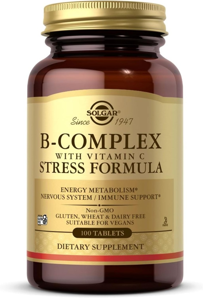 Solgar B-Complex עם ויטמין C - 100 טבליות - Non-GMO, טבעוני, כשר וגלוט חינם - 50 משרתים