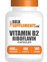 BulkSupplements.com Riboflavin קפסולות - ויטמין B2 400 מ"ג, Riboflavin 400 מ"ג - ויטמין B חיוני, Gluten Free, 1 קפסולה לשרת, 180 קפסולות (Pack של 1)