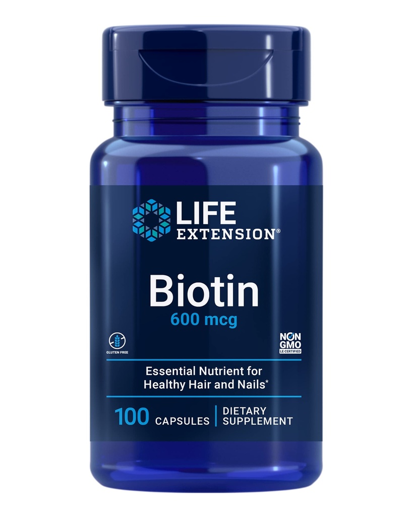 Life Extension Biotin 600 mcg ויטמין B7 תמיכה תוספת שיער יפה, ריחות ומעבר - Gluten-Free, non-GMO - 100 קפסולות