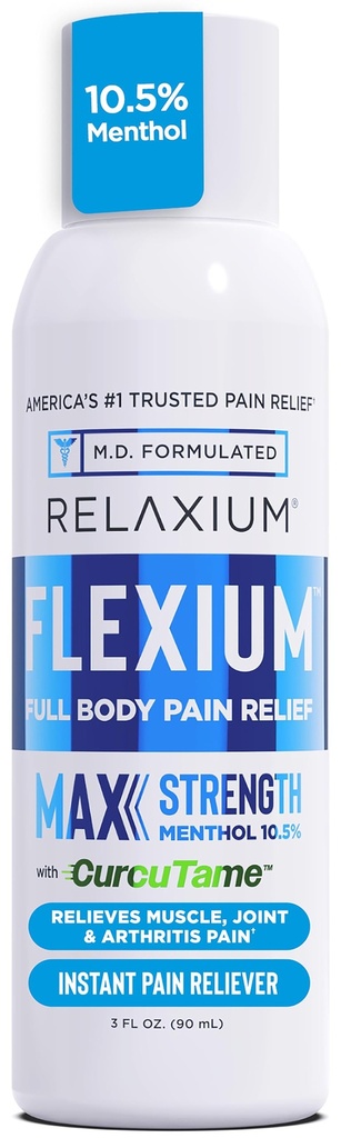 רגיעיום Flexium Instant Spray for Pain, מקס כוח עם 10.5% Menthol & CurcuTame, תומך שריר, Joint ו- Arthritis כאב הקלה, 3 FL oz.